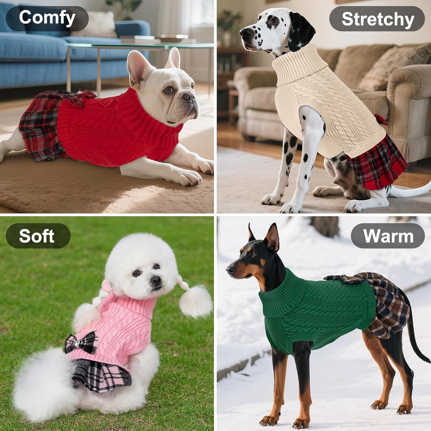 Dog Sweater Knitwear Dog Sweaters for Small Dogs Girl Soft Turtleneck Pet Sweater Dress Thick Dogs Clothes with Bowtie Stretchy Cat Sweaters Warm Pullover Pet Coats for Cold Weather Winter